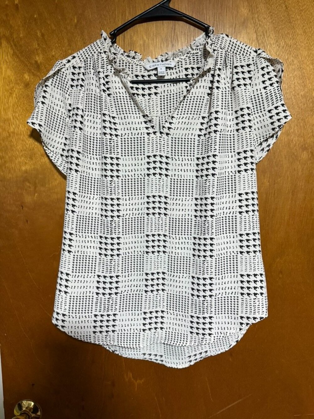 Women's Short Sleeve Blouse with Black Geometric Print